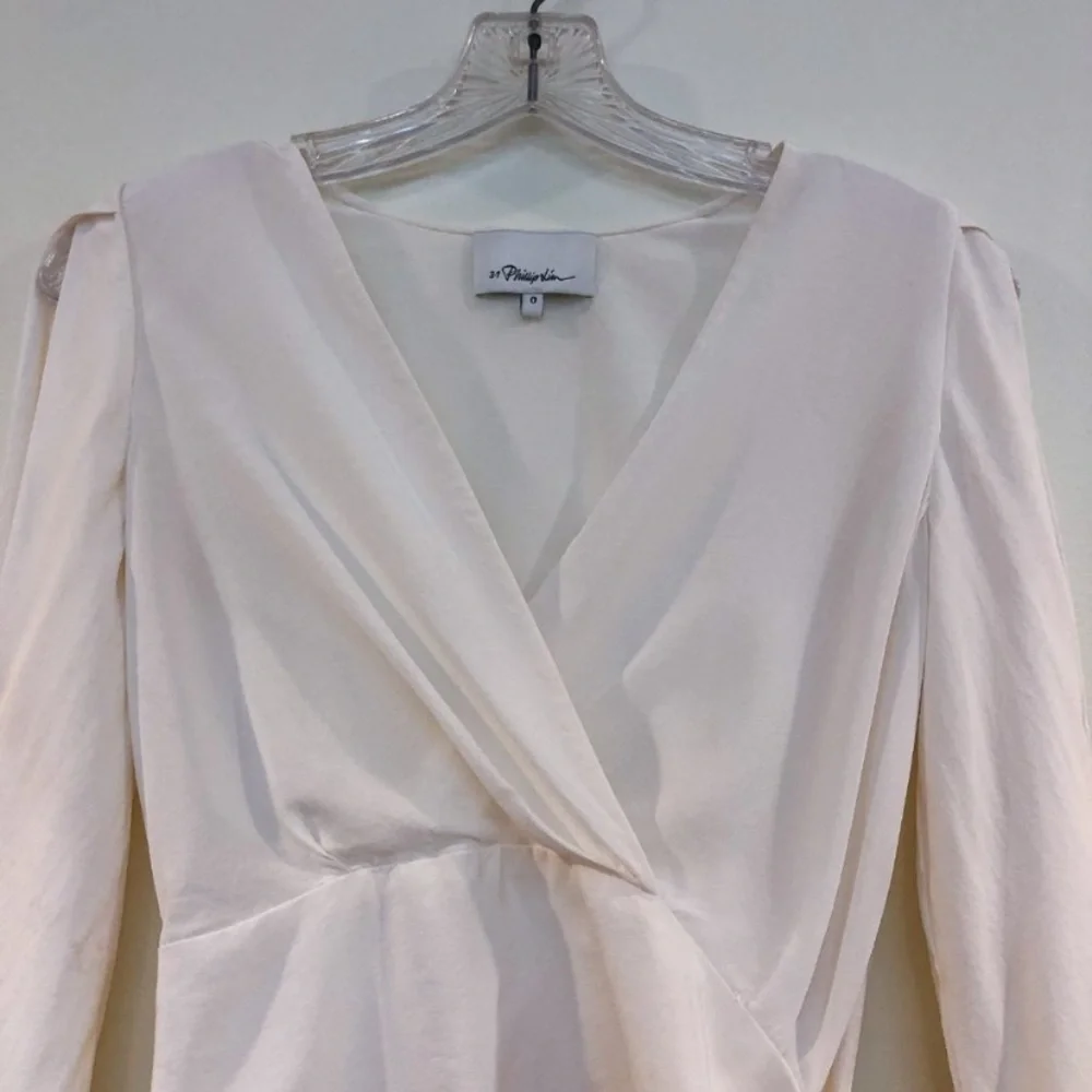 3.1 Phillip Lim 100% Silk Cream Side Tie Sash V Neck Cold Shoulder Crop Blouse - Picture 4 of 8